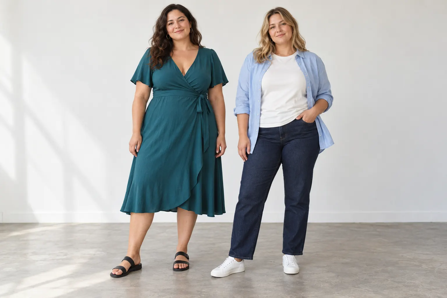 Deux formules de tenue distinctes : robe midi portefeuille bleu sarcelle avec sandales plates noires, et jean marine avec T-shirt ivoire, chemise bleu pâle ouverte et baskets blanches