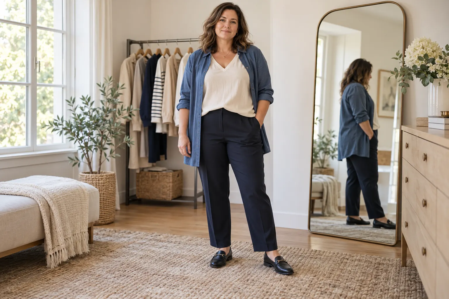 Femme adulte aux formes généreuses devant un miroir, portant un chemisier ivoire à col V, un pantalon droit marine, une surchemise bleue ouverte et des mocassins noirs