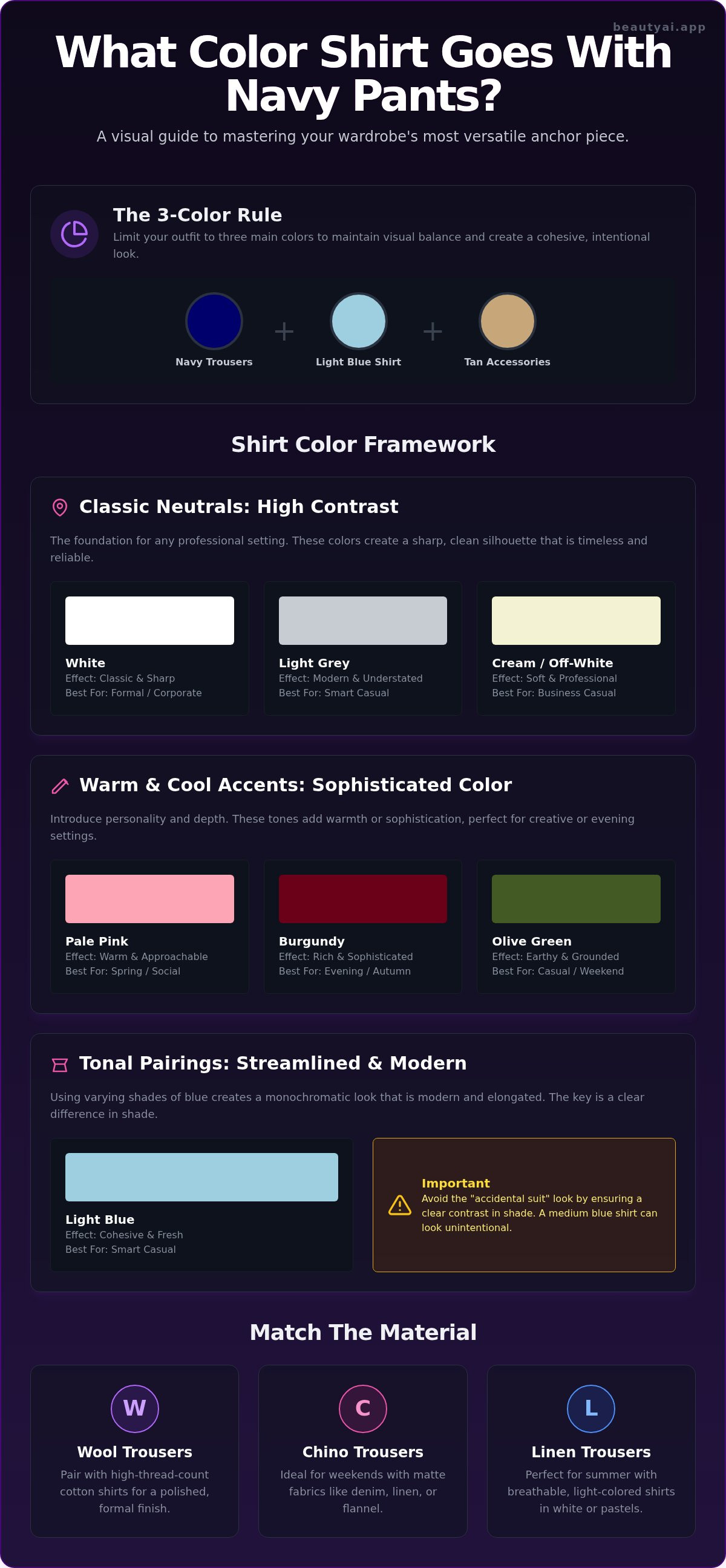 What color shirt goes with navy blue pants