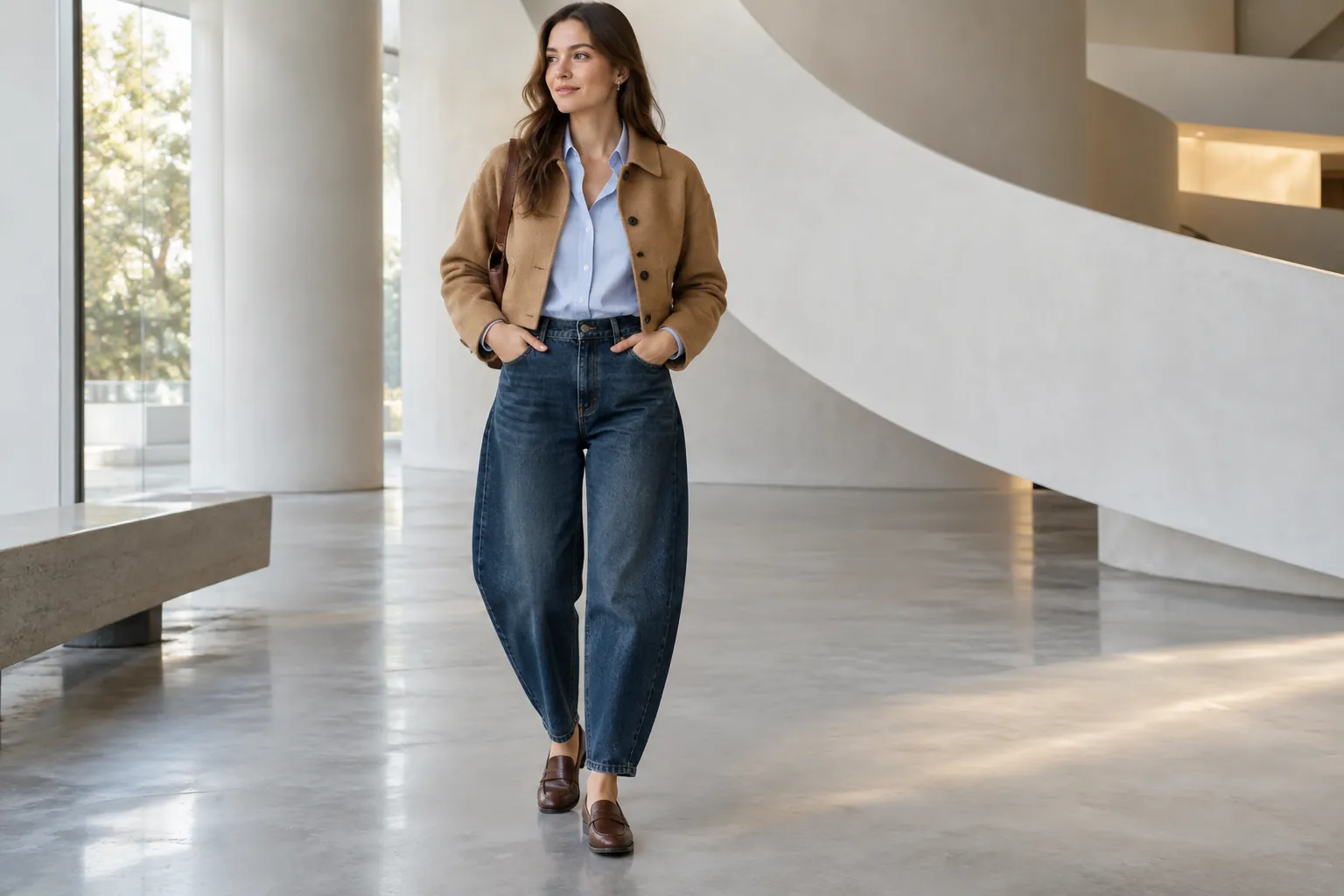 Person in dark-indigo barrel jeans, pale-blue shirt, cropped camel jacket and brown loafers in a modern museum interior