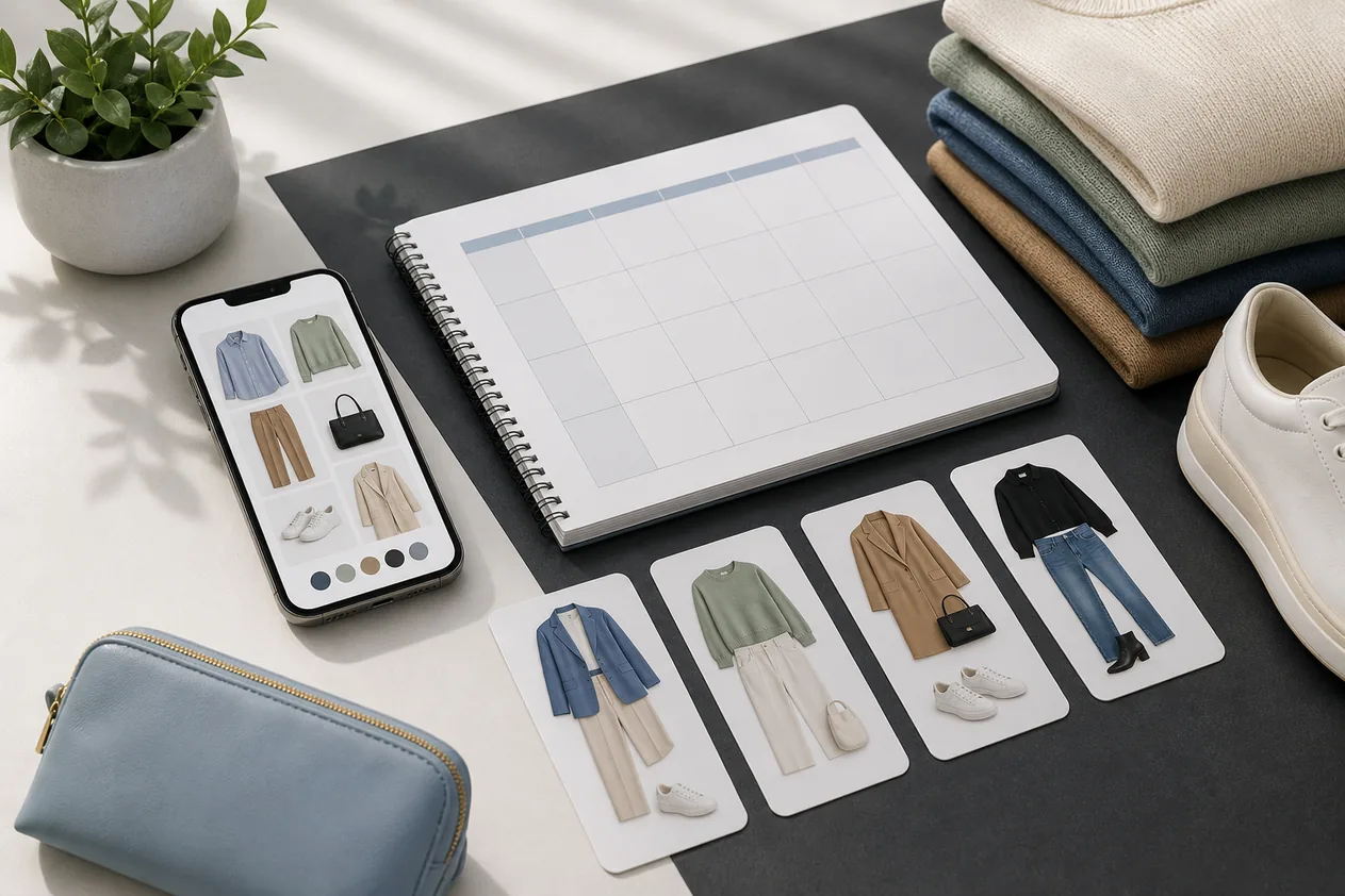 AI outfit planner app with weekly outfit calendar, wardrobe cards, and clothing items on a premium fashion desk