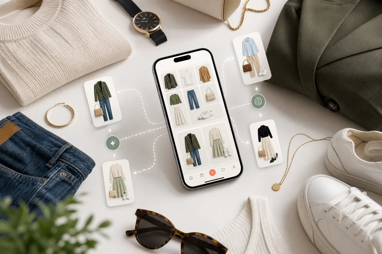 AI outfit builder app workflow with wardrobe cards, outfit combinations, and real clothes on a fashion desk