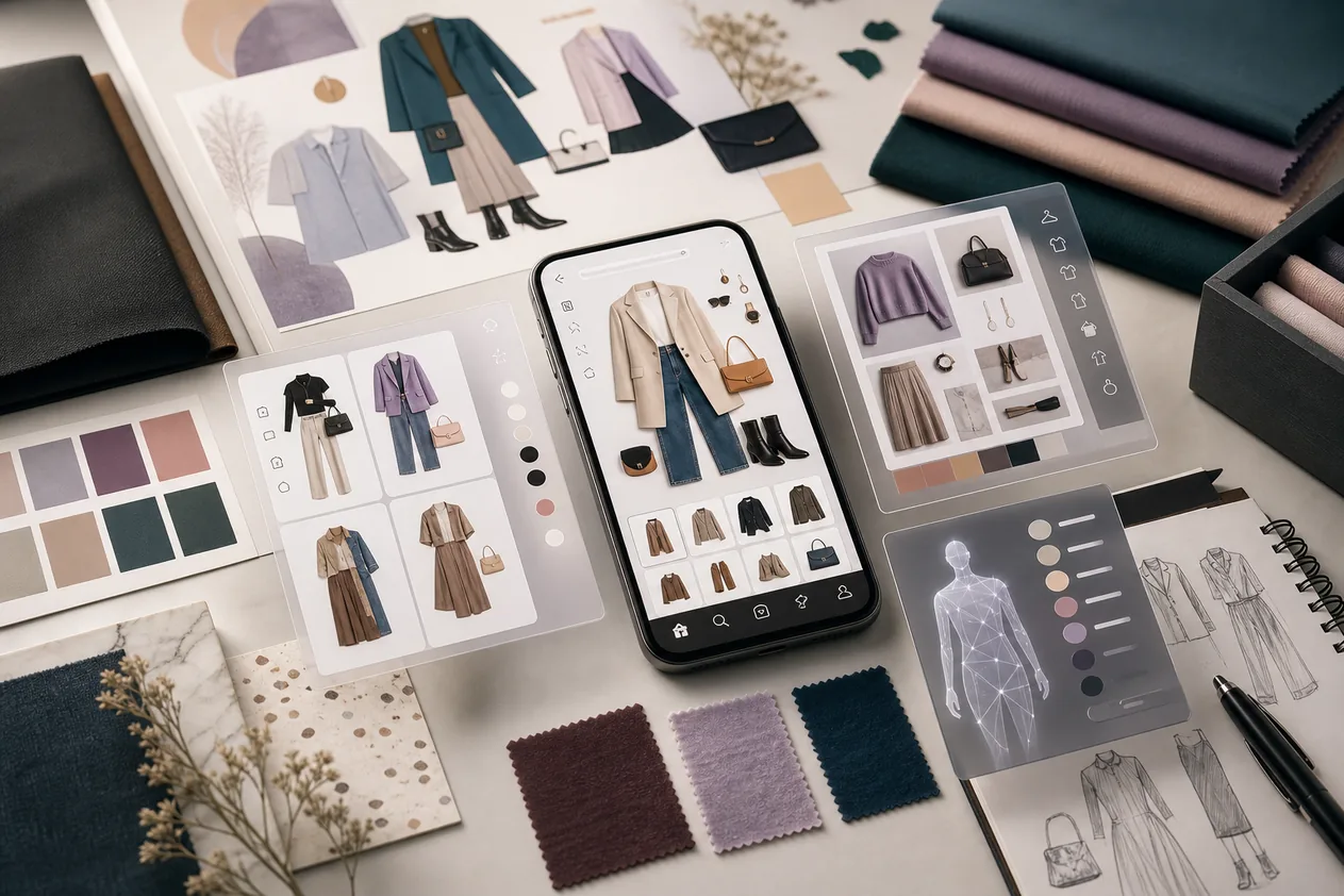 Outfit creator and designer app workflow with fashion moodboards, clothing cards, and AI styling panels