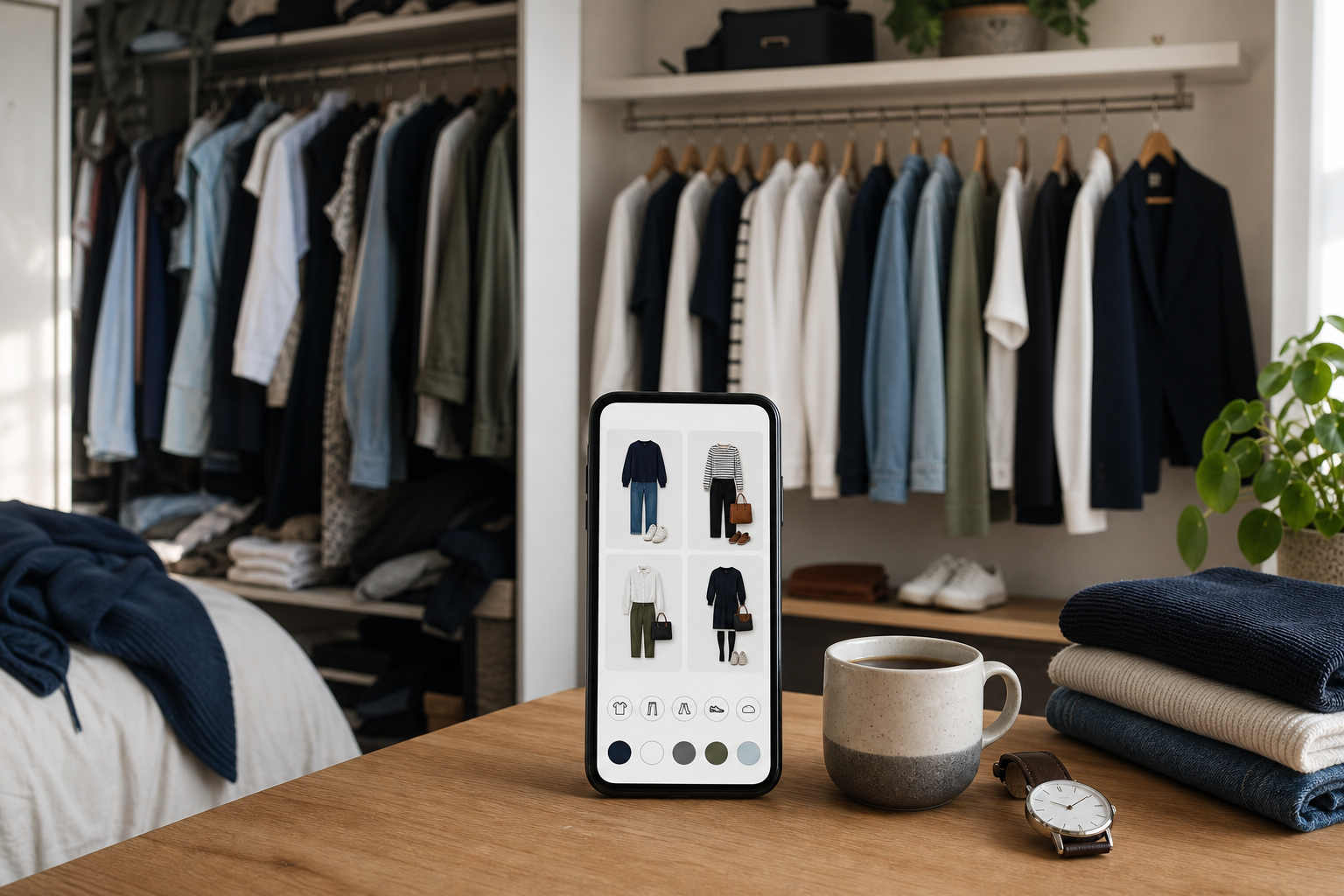 Armario capsula y app de planificacion de outfits sobre una mesa de mañana tranquila