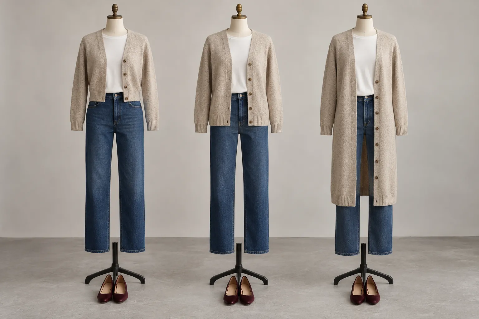 Three mannequins wearing waist-length, hip-length and long oatmeal cardigans over ivory tees and indigo jeans