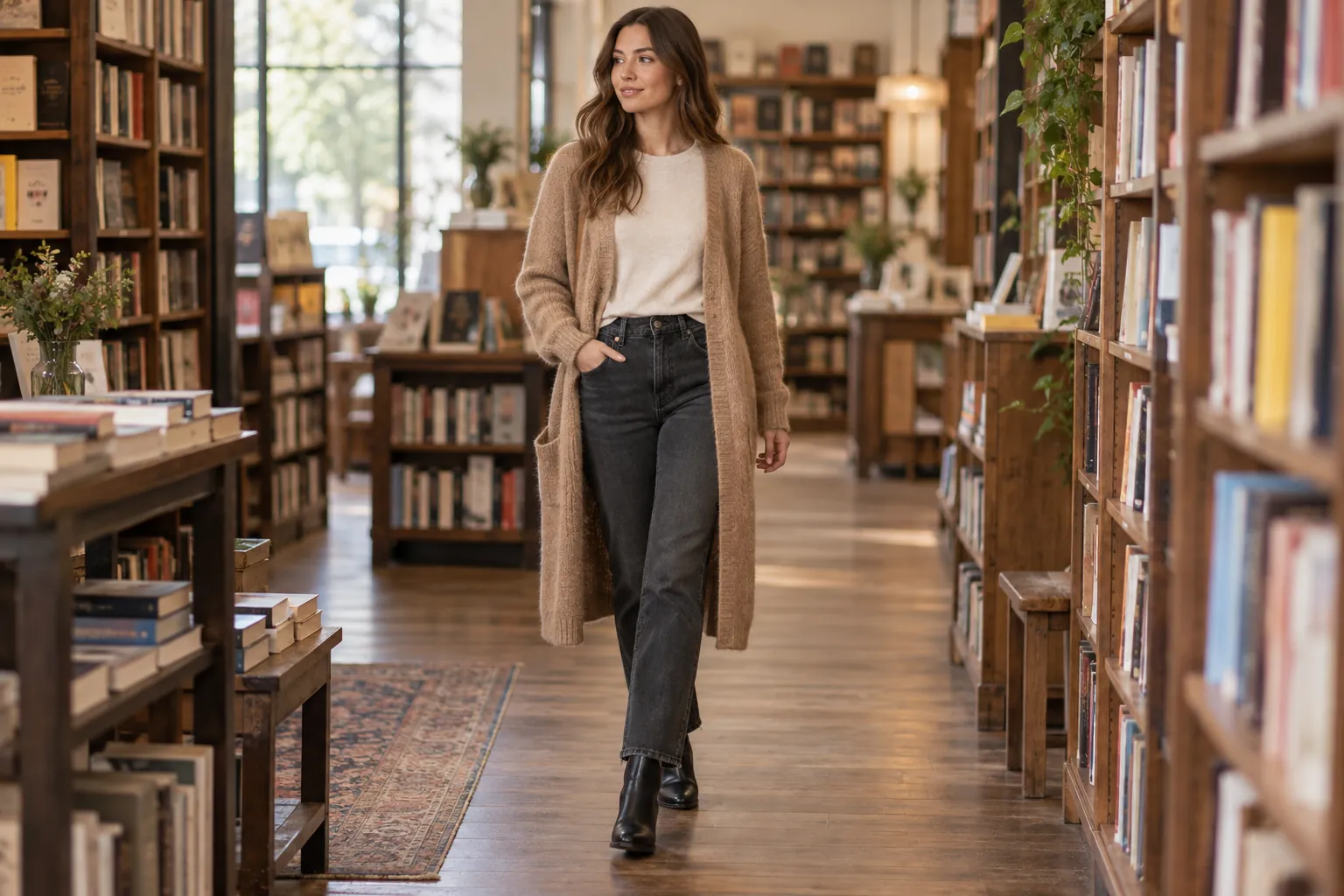 Person in a camel longline cardigan, cream tee, charcoal straight jeans and black ankle boots in an independent bookshop