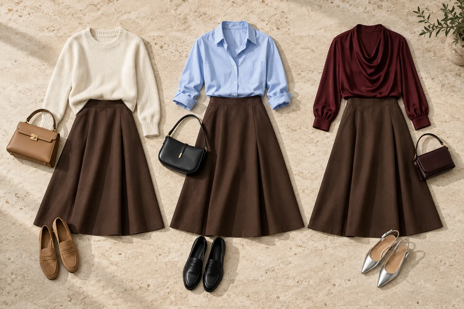 Three chocolate-brown A-line skirt outfits with a cream knit, light-blue shirt and burgundy blouse