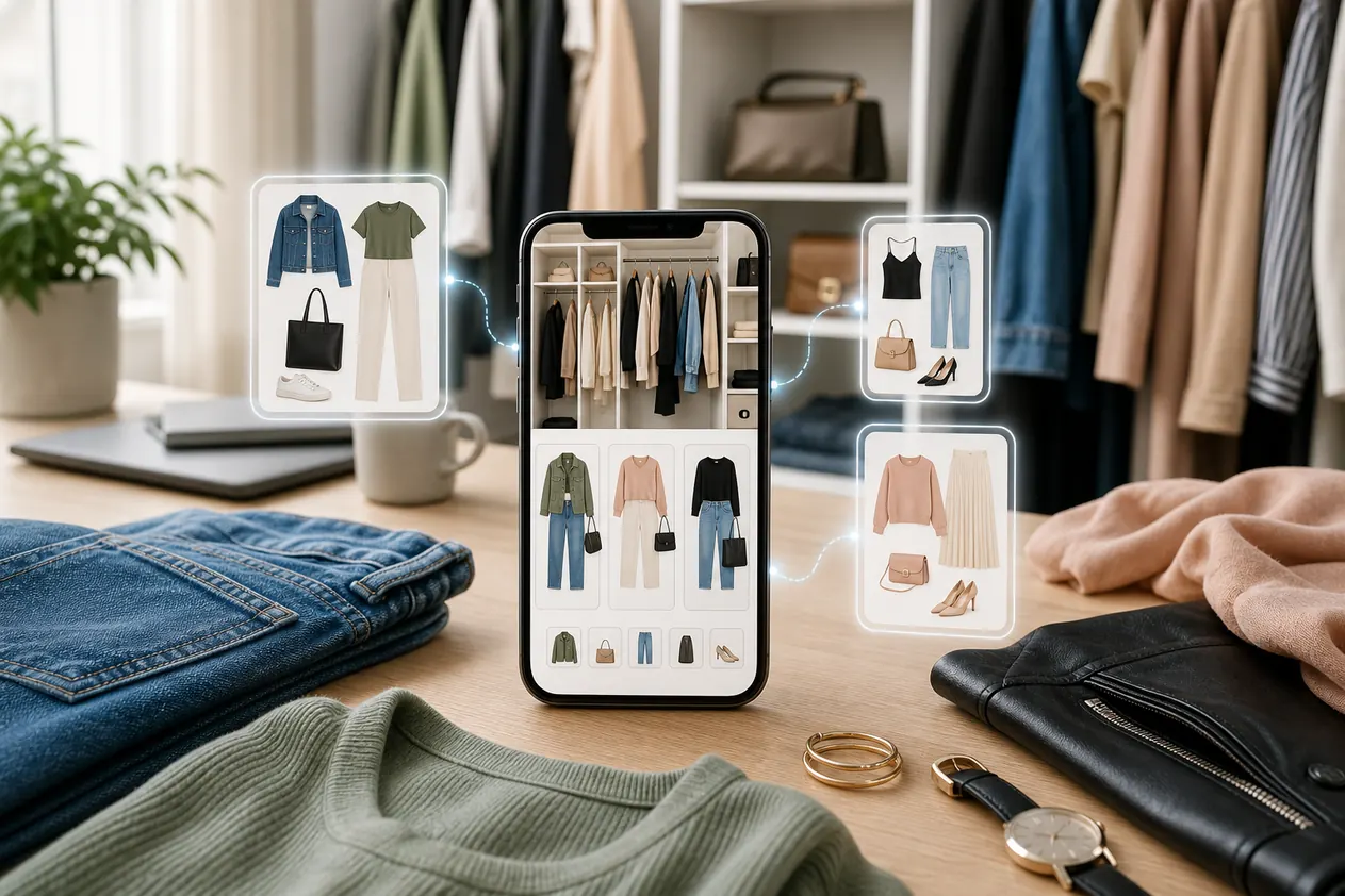 AI closet app suggesting outfits from a digital wardrobe on a smartphone