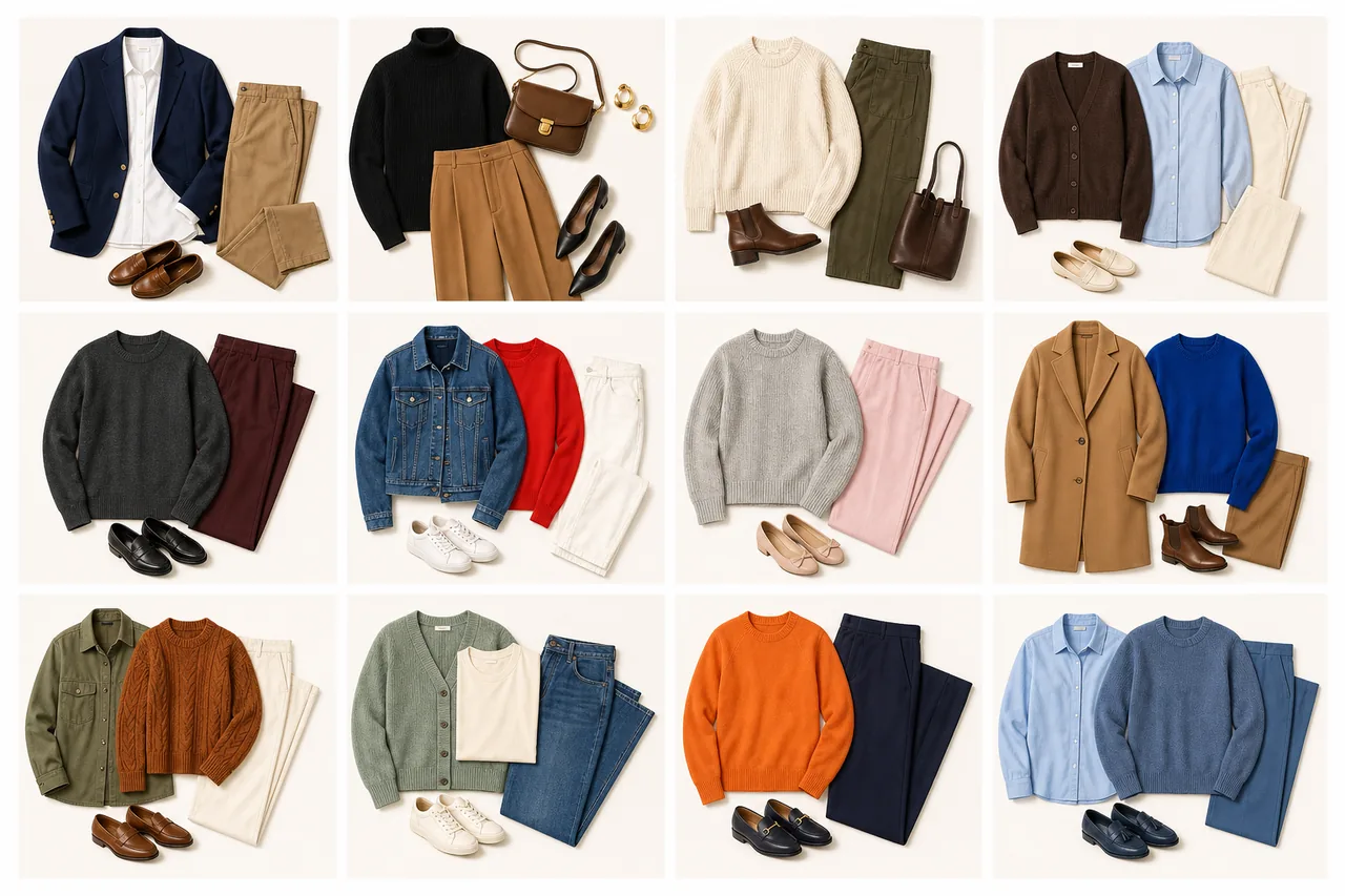 Visual chart showing twelve wearable clothing color pairings grouped by neutrals, earth tones, and accents