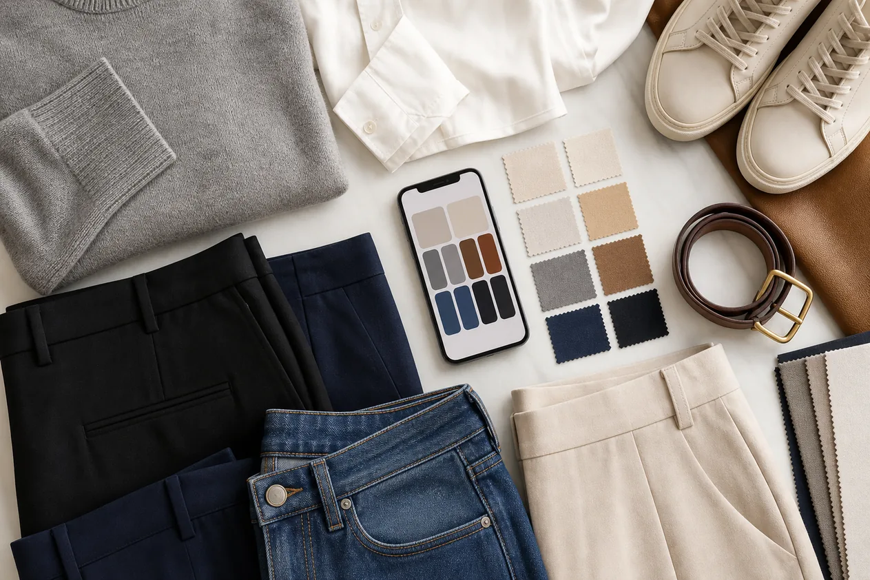 Neutral wardrobe pieces, color swatches, and a phone showing an outfit color palette for a clothing color matching app