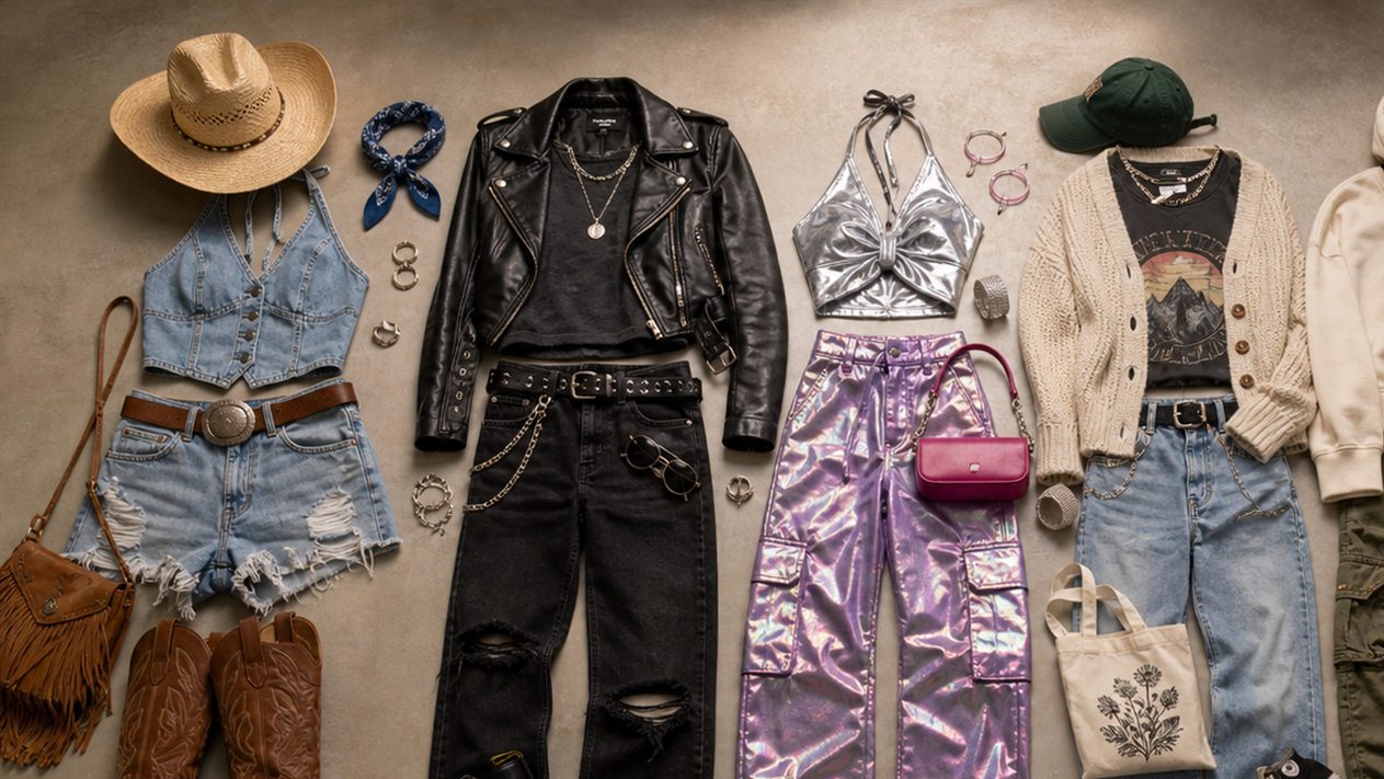 Concert outfit generator flat lay with country, rock, pop, and indie outfit ideas