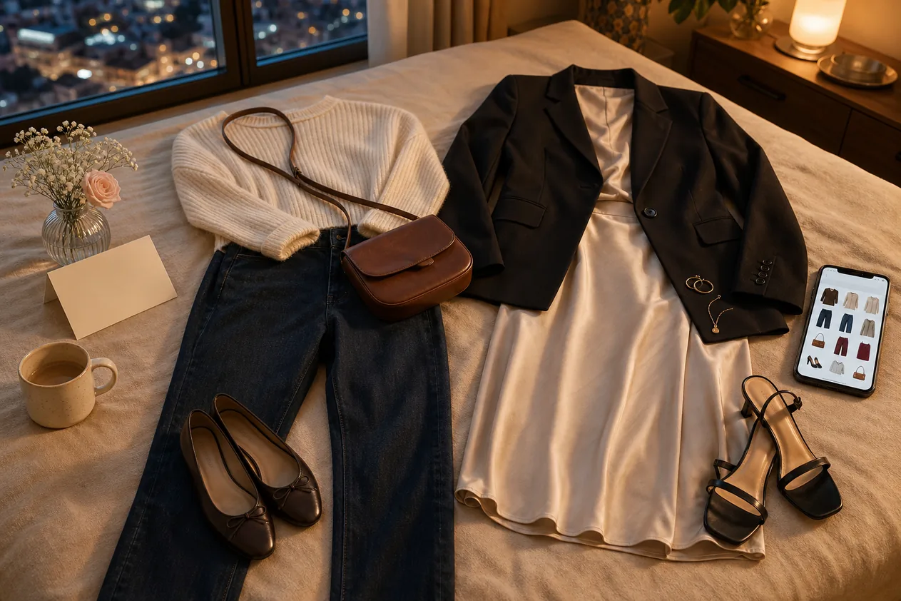 Two date night outfits planned from a closet with a phone showing outfit ideas