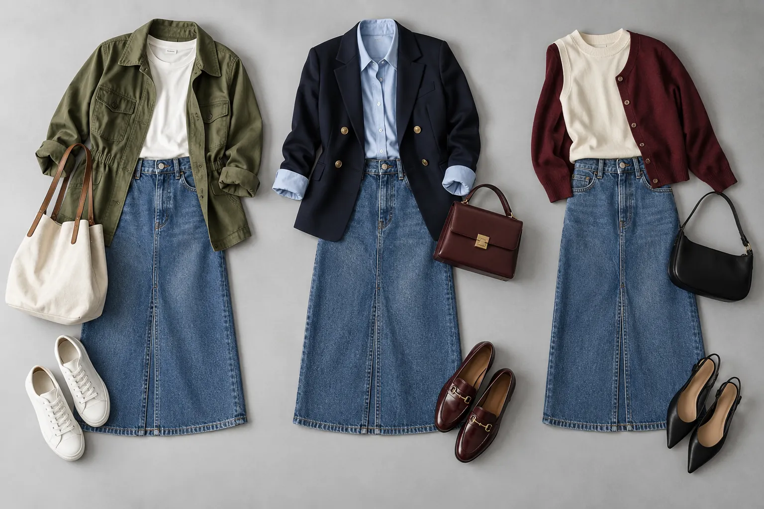 Three medium-blue denim-midi skirt outfits arranged overhead with a utility jacket and sneakers, blazer and loafers, and cardigan and slingbacks