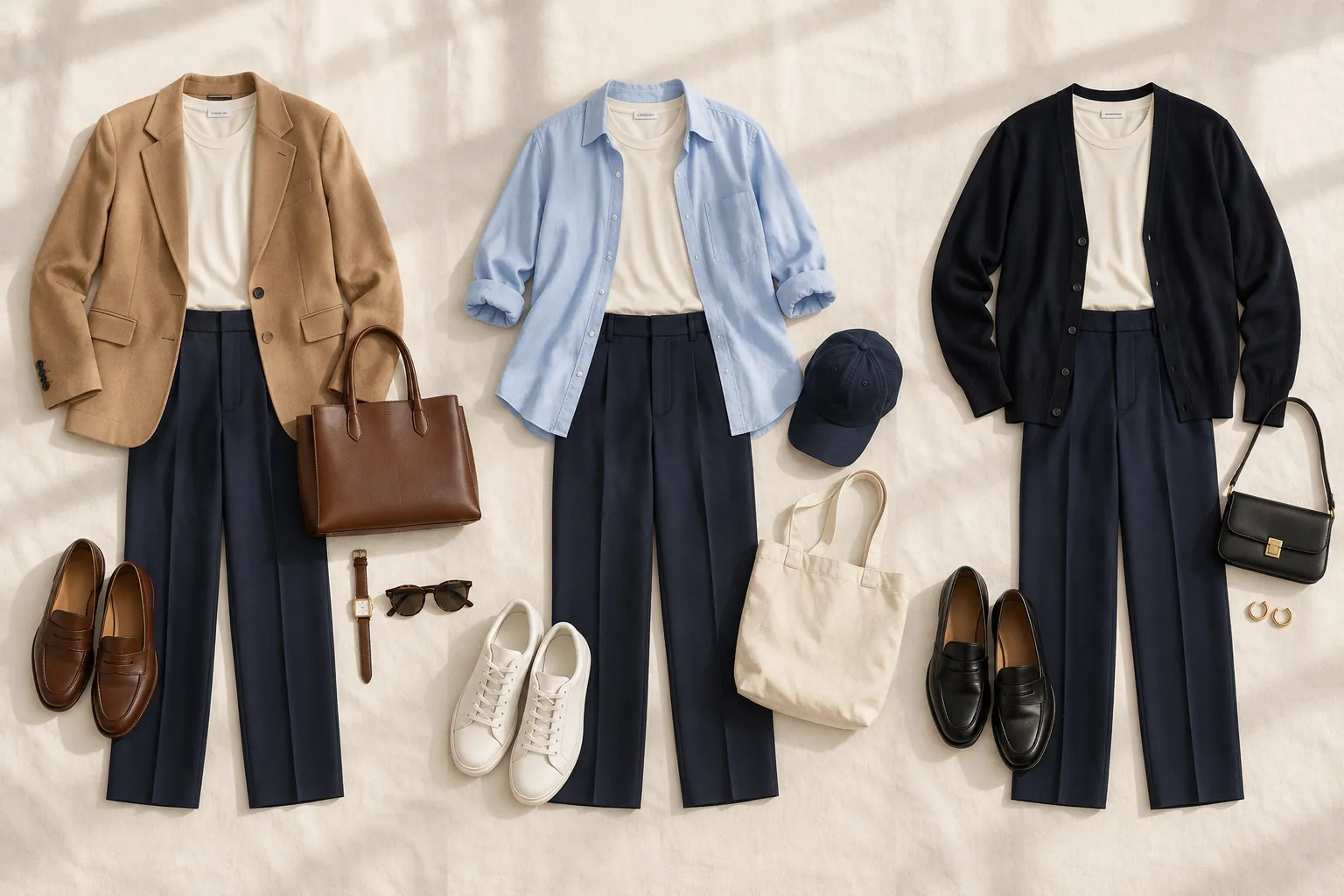 Drei illustrierte Outfitvarianten mit marineblauer Hose und cremefarbenem Top sowie verschiedenen Schichten und Schuhen