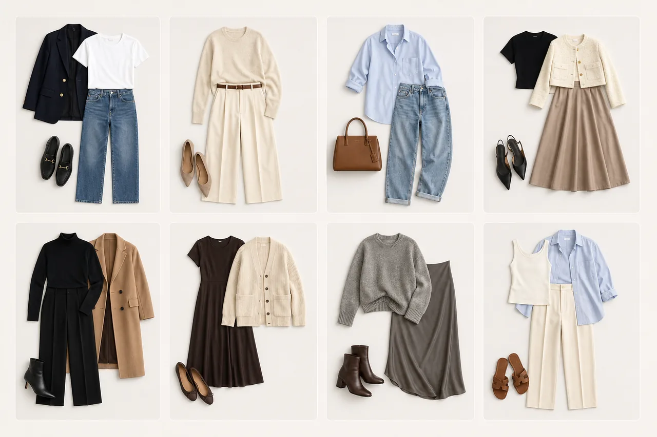 Tabla visual con ocho fórmulas de outfits repetibles desde casual hasta pulido