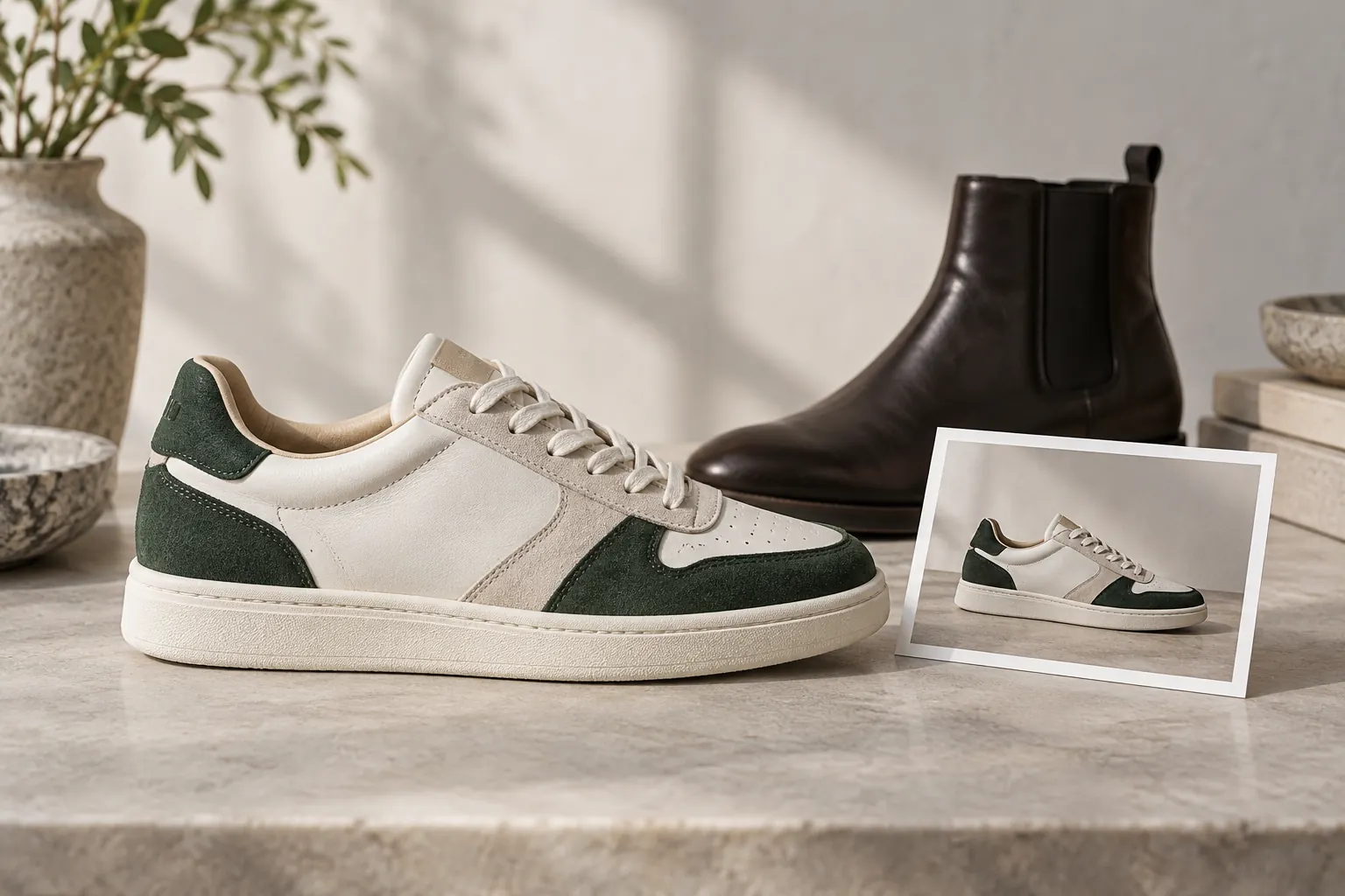Cremefarbener Sneaker mit grünen Akzenten neben einem Foto desselben Schuhs und einem braunen Stiefel