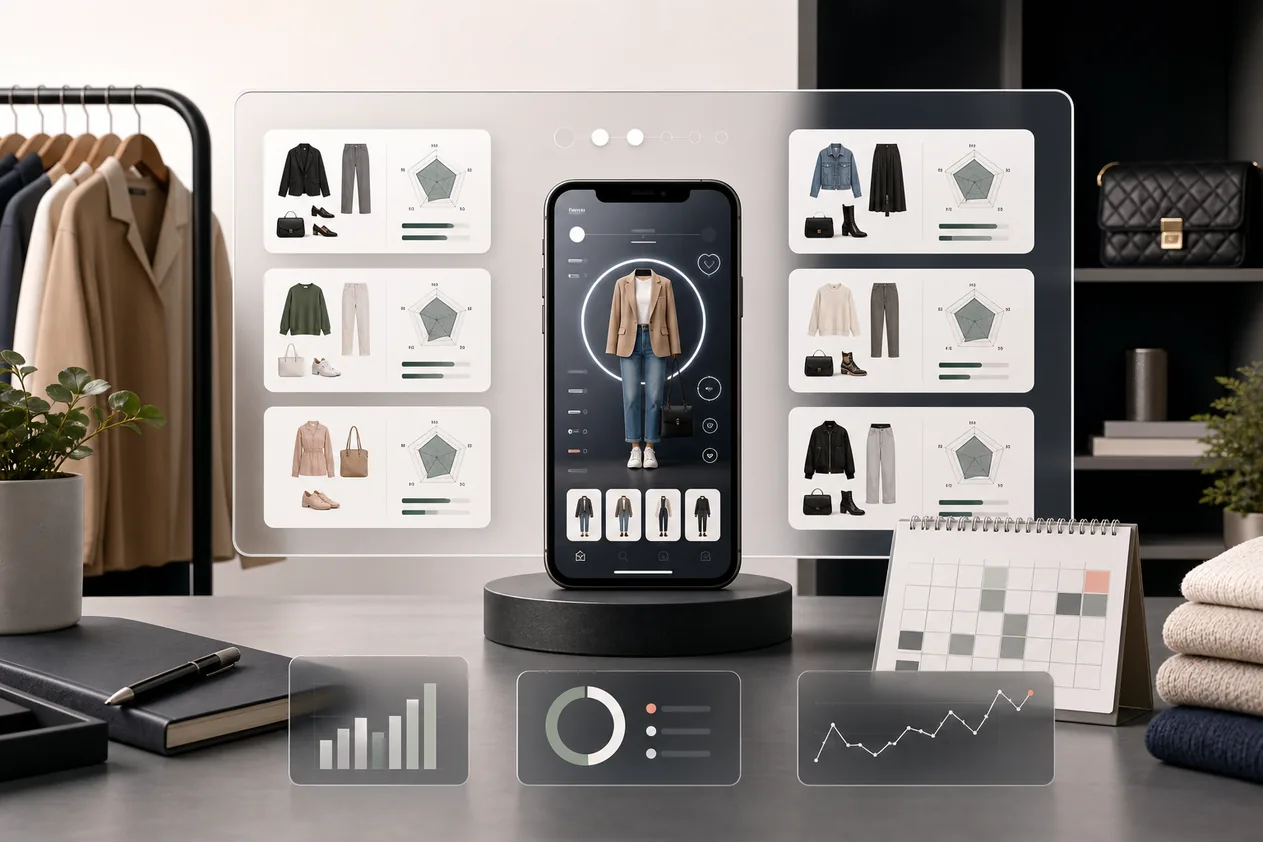 Vergleich von Fits Alternativen mit KI-Outfit-Feedback und digitaler Garderobe