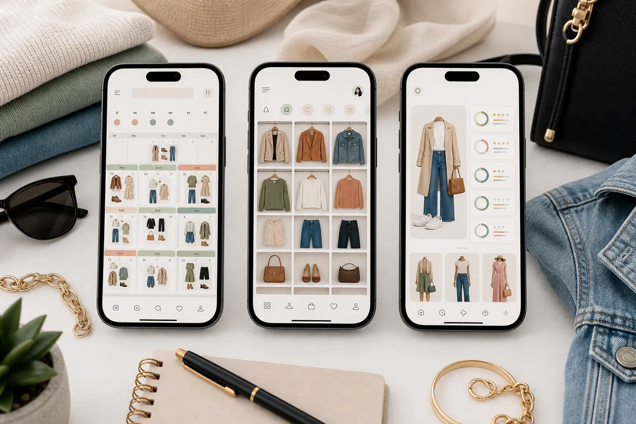 Three fashion app screens comparing outfit calendar, digital wardrobe, and AI outfit feedback workflows