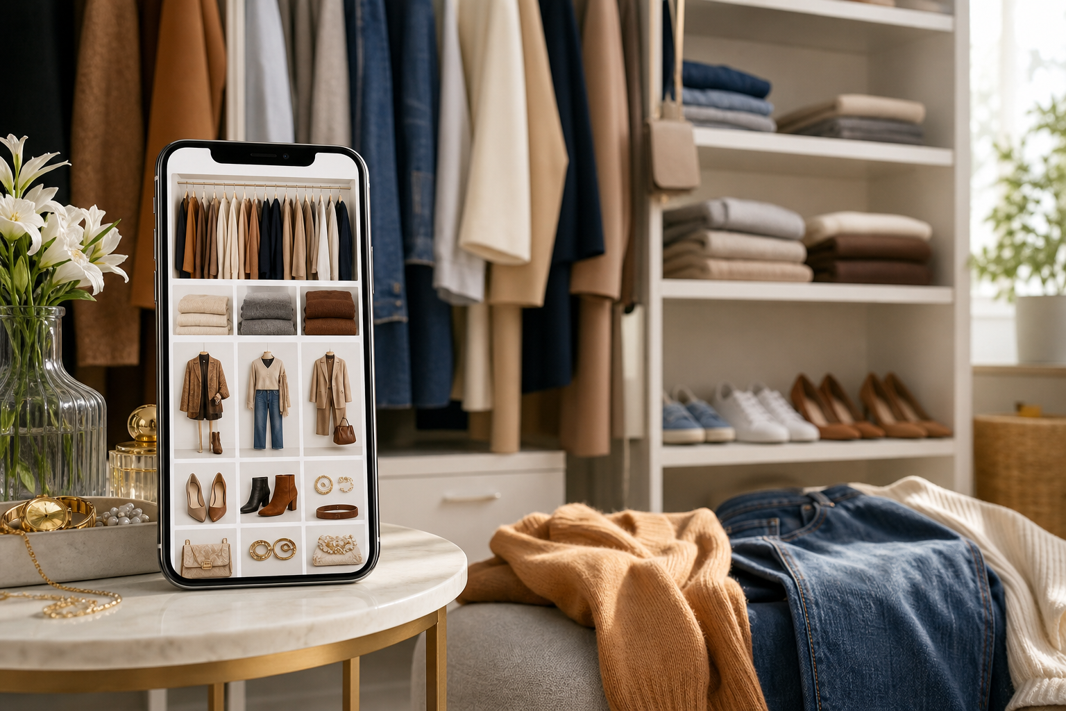 Smartphone zeigt digitalen Kleiderschrank vor einem organisierten Schrank