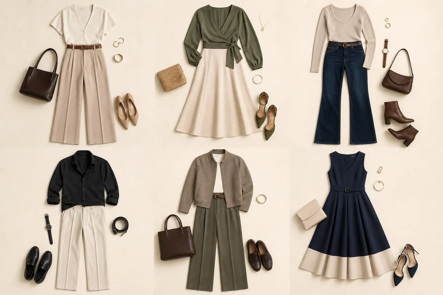 Six outfit formulas with V-neck tops, wide-leg pants, A-line skirts and fit-and-flare dresses