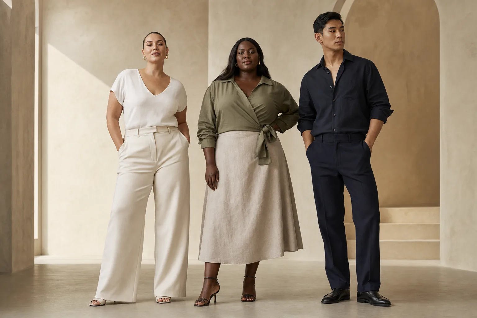 Diverse adults wearing balanced outfits for an inverted triangle body shape