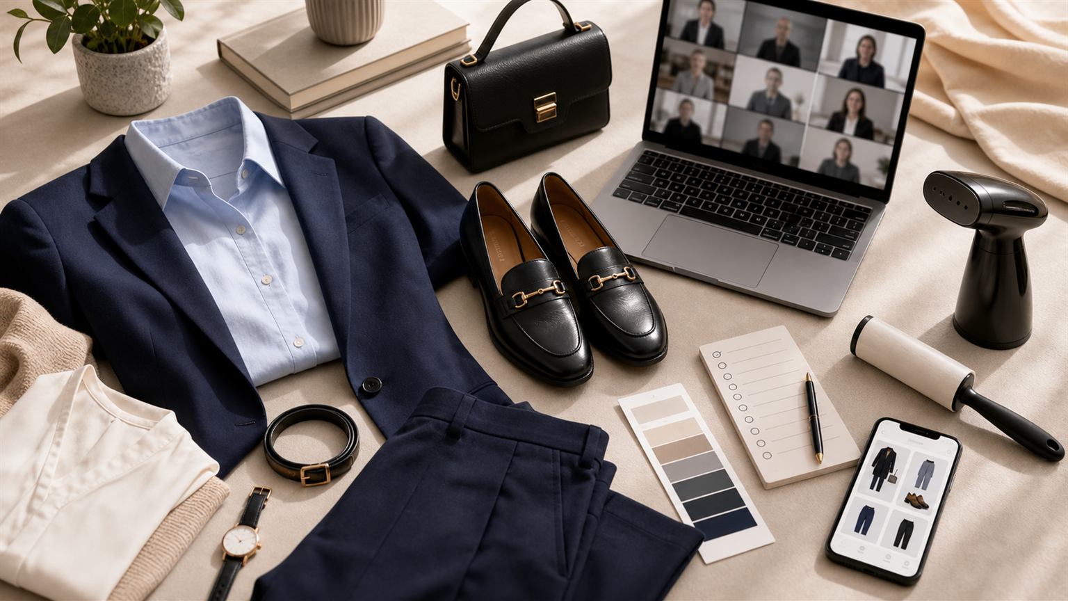 Job interview outfit app planning a navy blazer, shirt, loafers, checklist, steamer, and video interview setup from a closet