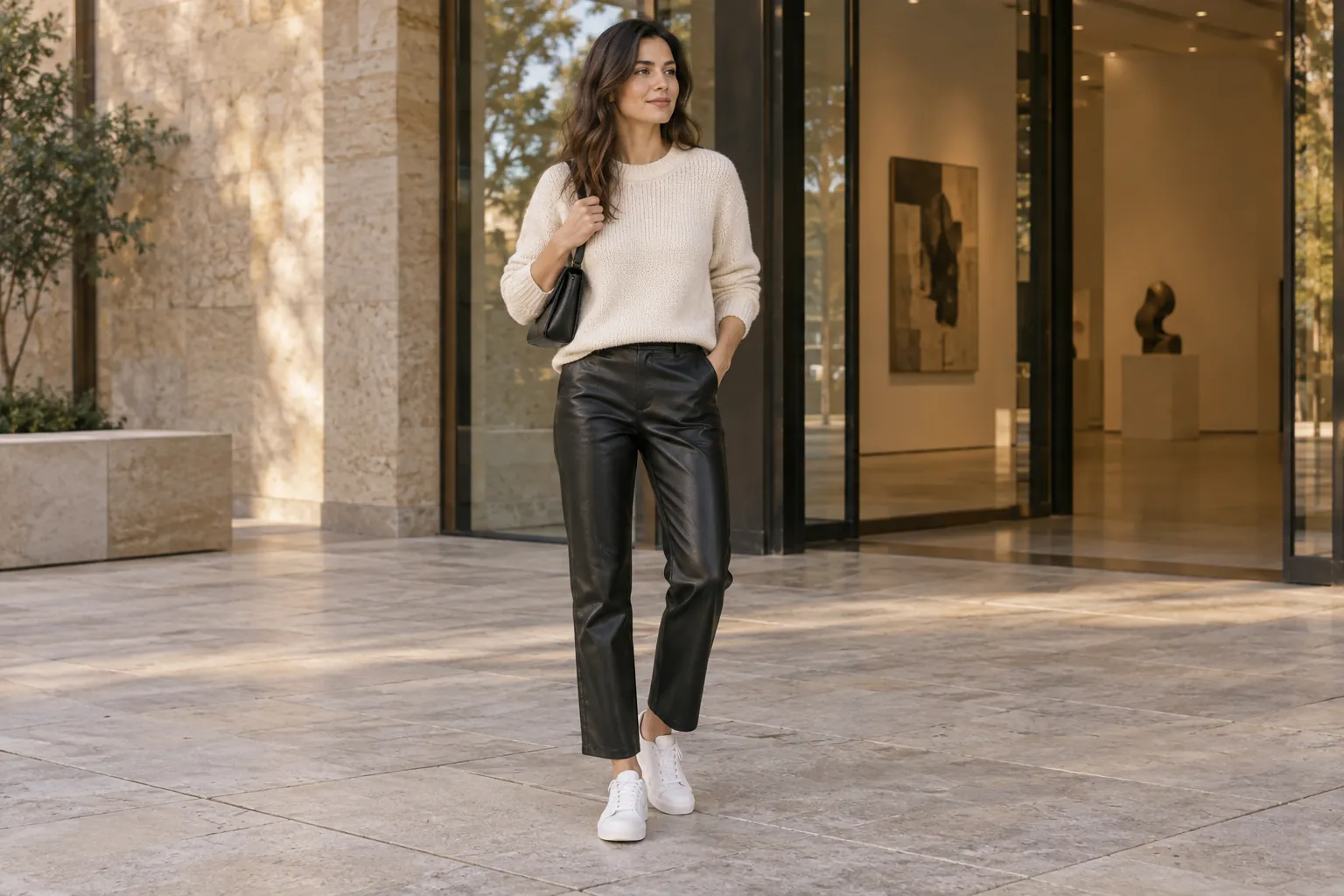 Person in a cream textured knit, straight black leather pants and white sneakers outside a contemporary art gallery