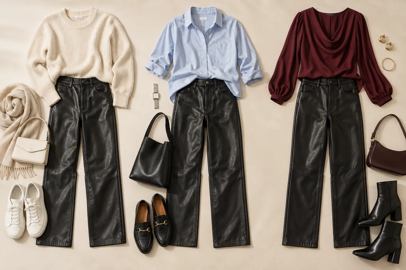 Three black straight-leg leather pants outfits arranged overhead with a cream knit and sneakers, blue shirt and loafers, and burgundy blouse and ankle boots