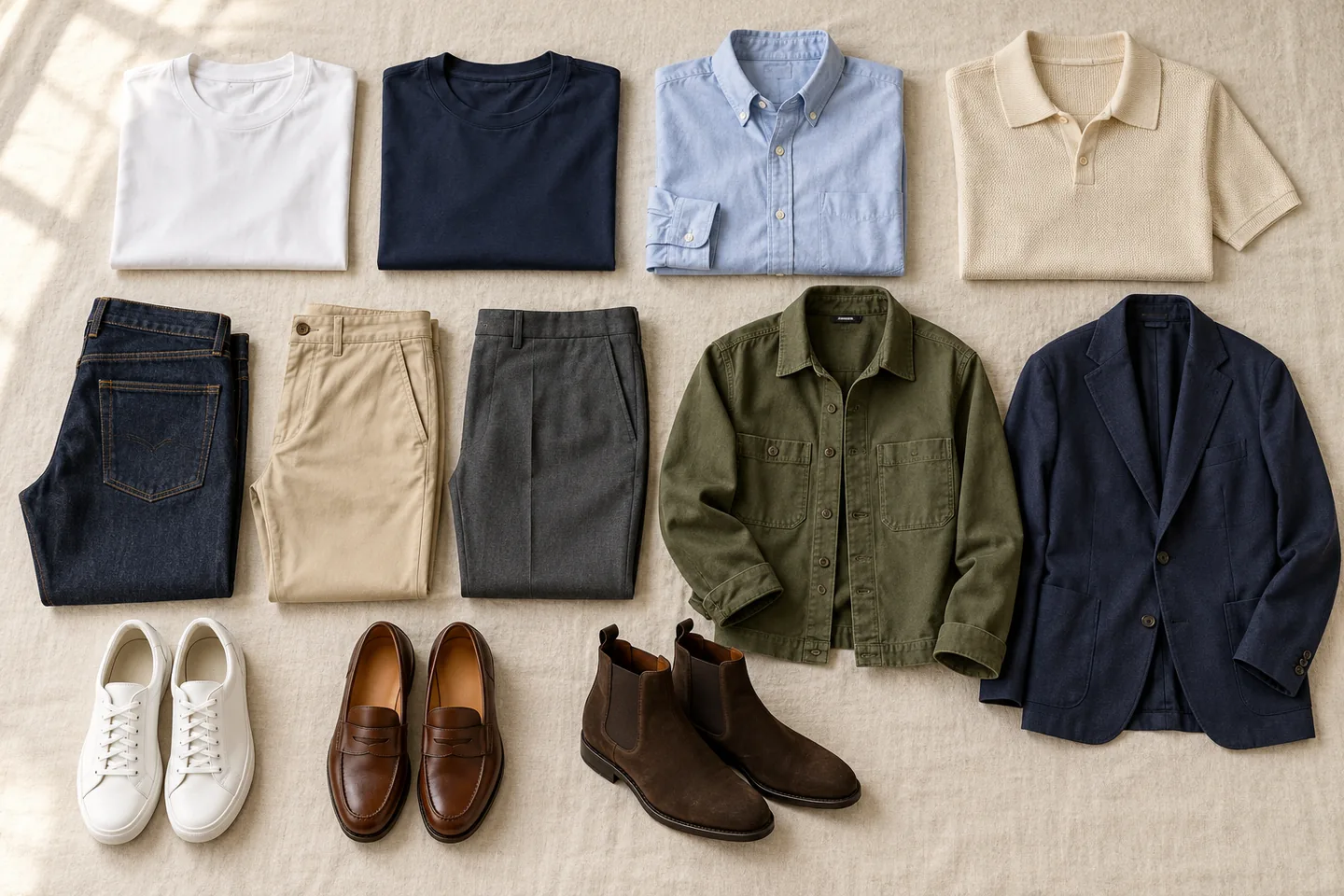 AI-generated flat lay of four men’s tops, three bottoms, two layers and three pairs of shoes used in 15 outfit combinations