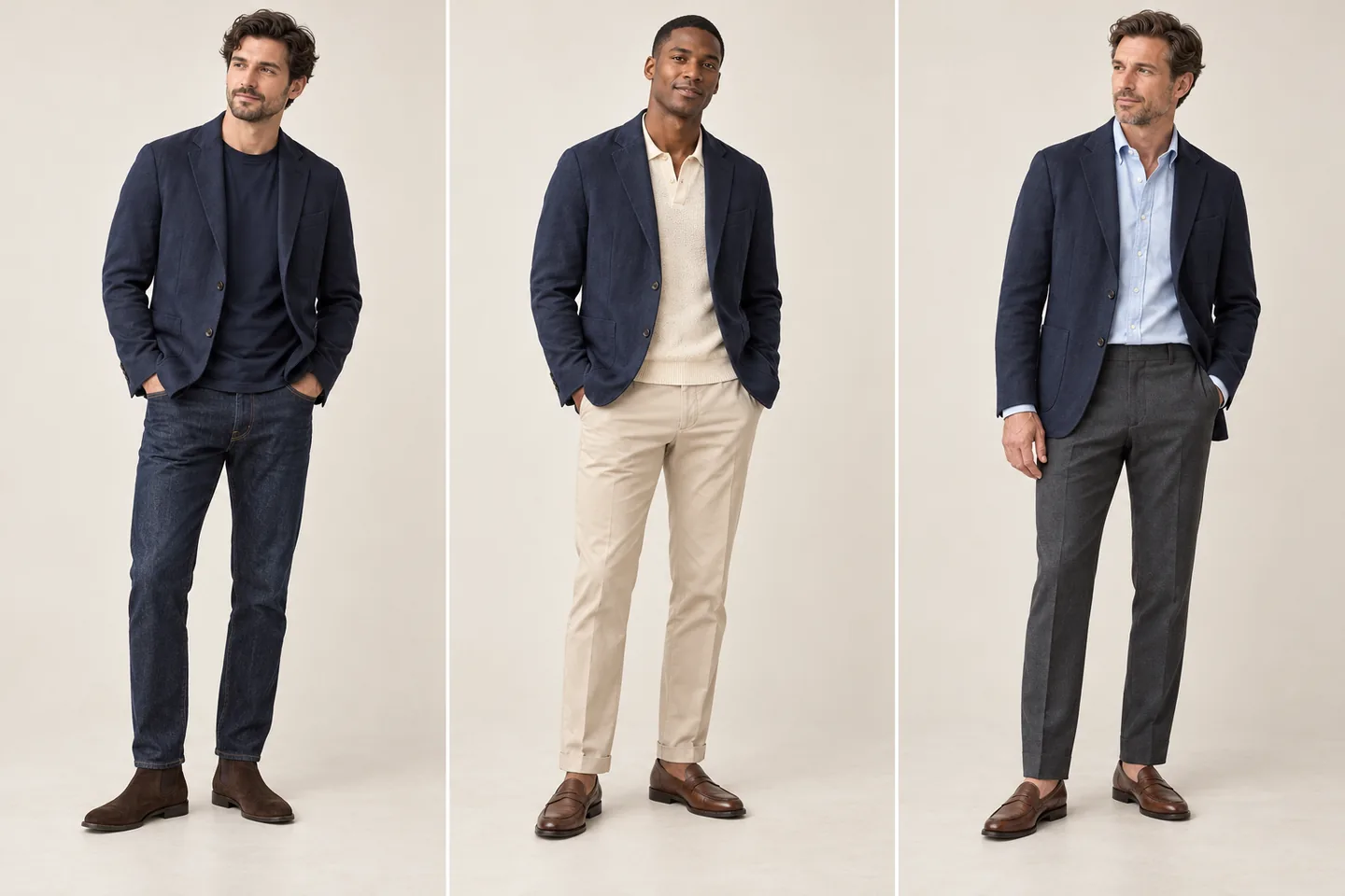Navy blazers worn with a navy tee and indigo jeans, ecru polo and stone chinos, and blue Oxford shirt and charcoal trousers
