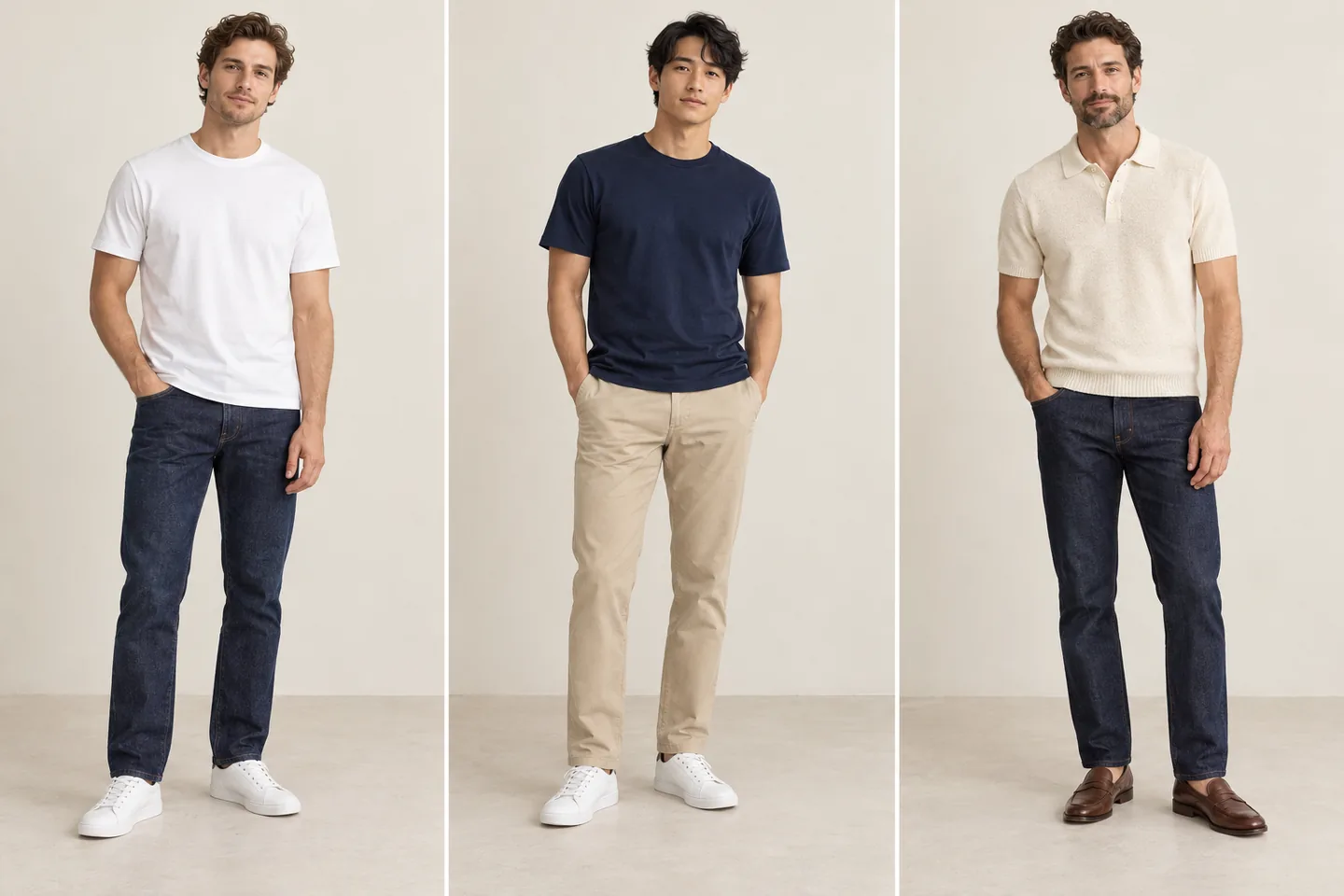 Three men in a white tee with indigo jeans and sneakers, navy tee with stone chinos and sneakers, and ecru polo with jeans and loafers