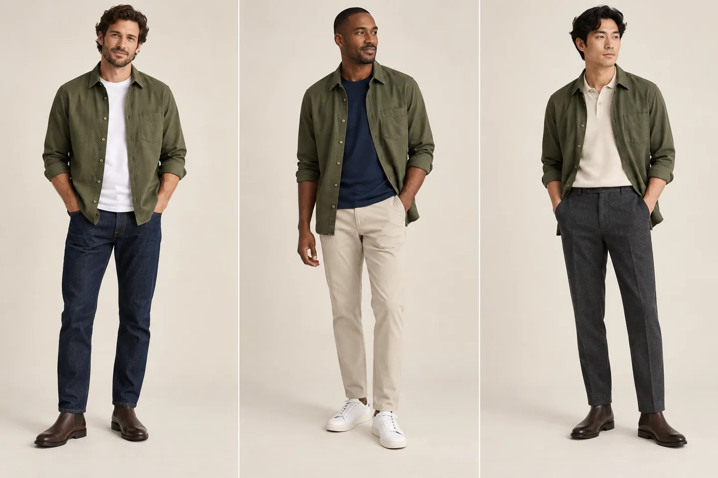 Three olive overshirt outfits with white tee and jeans, navy tee and stone chinos, and ecru polo and charcoal trousers
