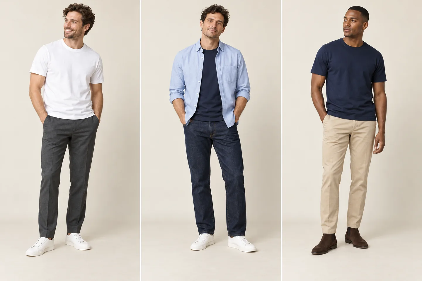 White tee with charcoal trousers and sneakers, open blue Oxford over navy tee with jeans, and navy tee with stone chinos and Chelsea boots