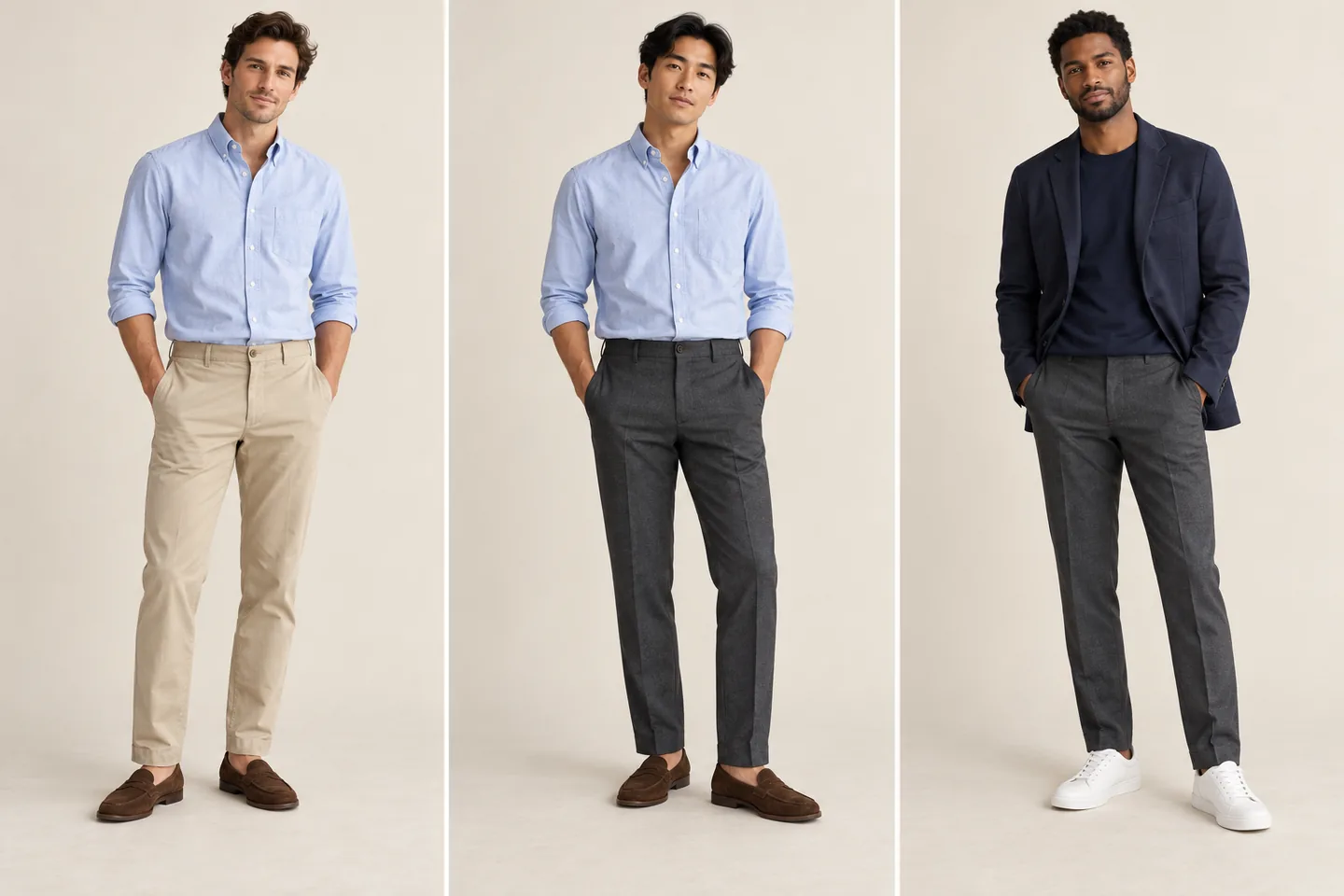 Three men in blue Oxford shirts with stone chinos or charcoal trousers and loafers, and a navy blazer over a navy tee with charcoal trousers and sneakers