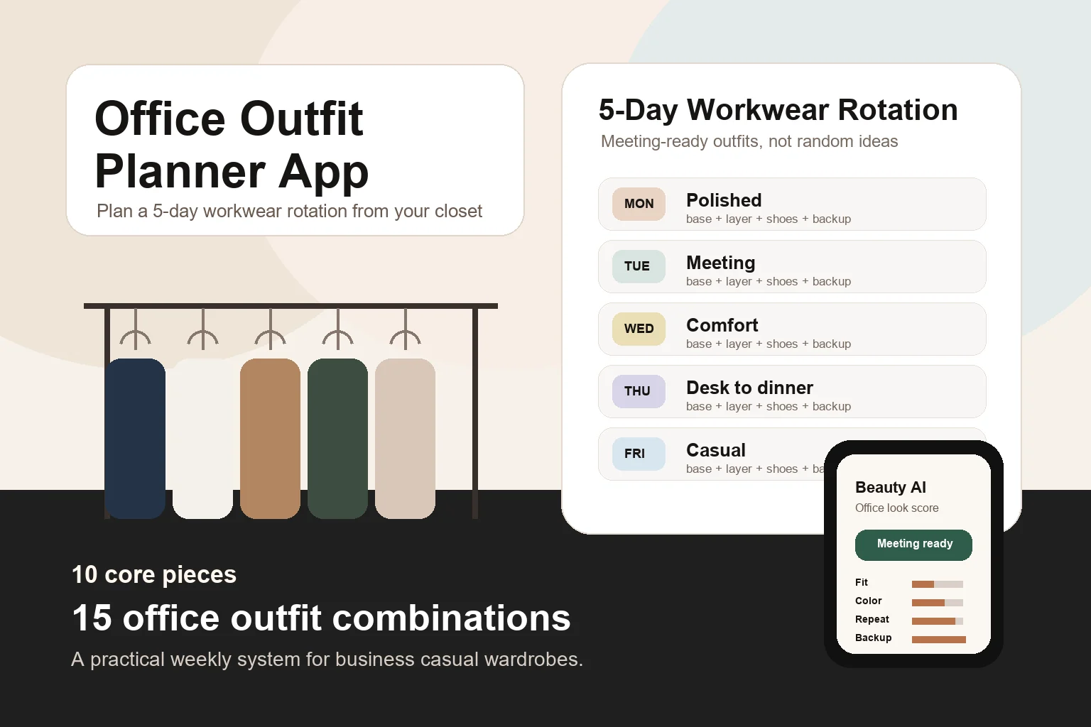 Office outfit planner app workflow with a five day workwear rotation and wardrobe pieces