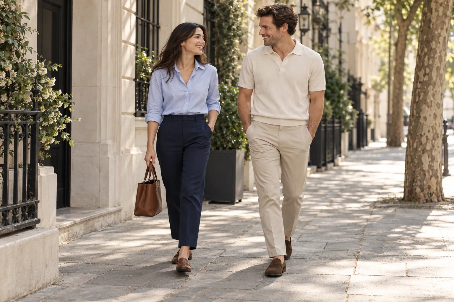 Ilustración generada con IA de una mujer y un hombre con conjuntos discretos en azul marino, celeste y crema