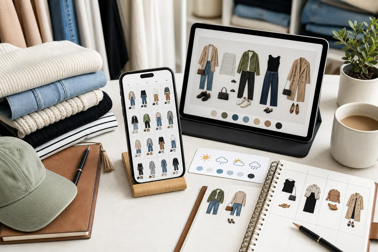 Outfit calendar app shown on a phone and tablet with planned wardrobe looks