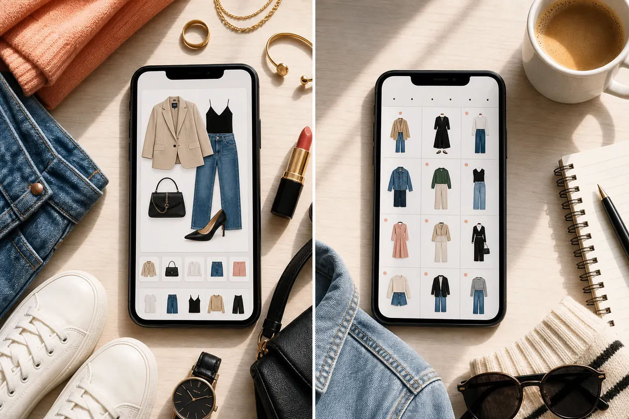 Two mobile wardrobe screens comparing an outfit maker and an outfit planner workflow