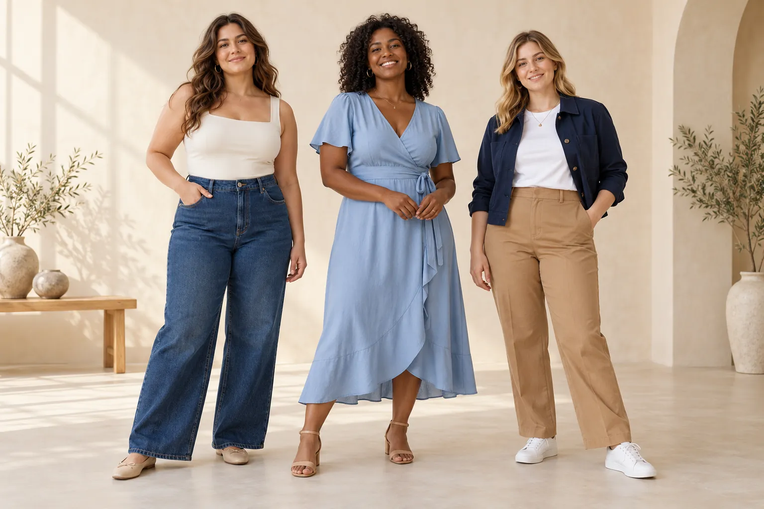 Ejemplos generados con IA de mujeres con distintas proporciones llevando vaqueros, vestido cruzado y pantalón de vestir