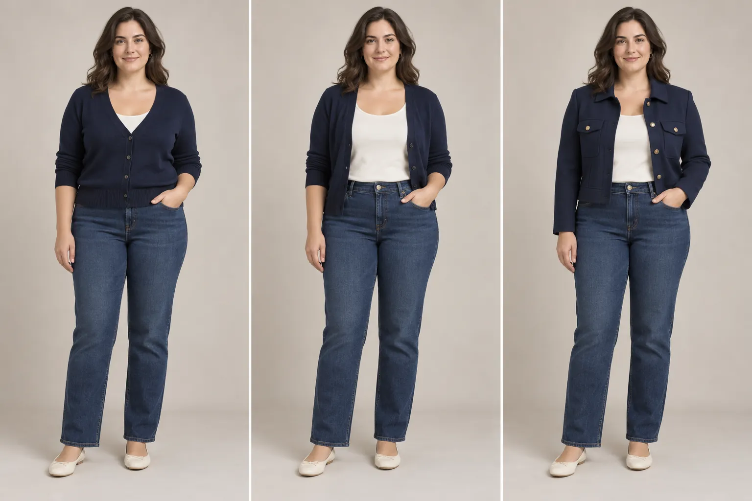 Comparación generada con IA de vaqueros y top marfil con cárdigan abrochado, cárdigan abierto y chaqueta azul marino estructurada