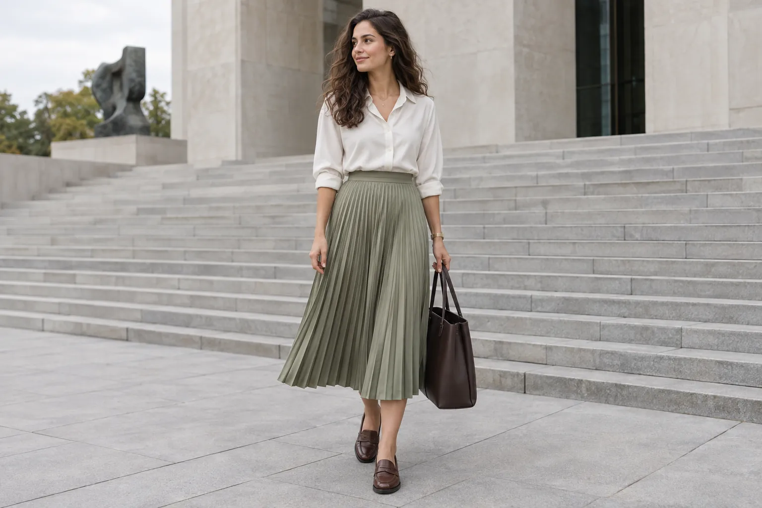 Person wearing a sage pleated midi skirt, ivory shirt, brown loafers and structured tote outside a modern museum