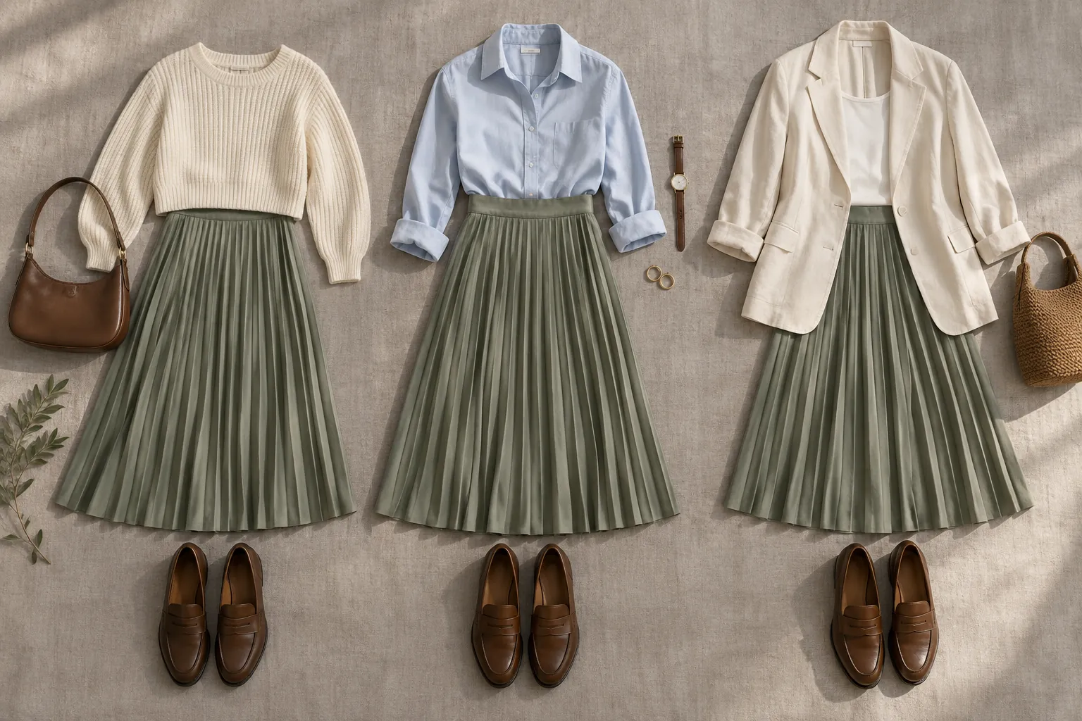 Three sage pleated-midi skirt outfits arranged overhead with a cropped cream knit, tucked light-blue shirt and ivory jacket