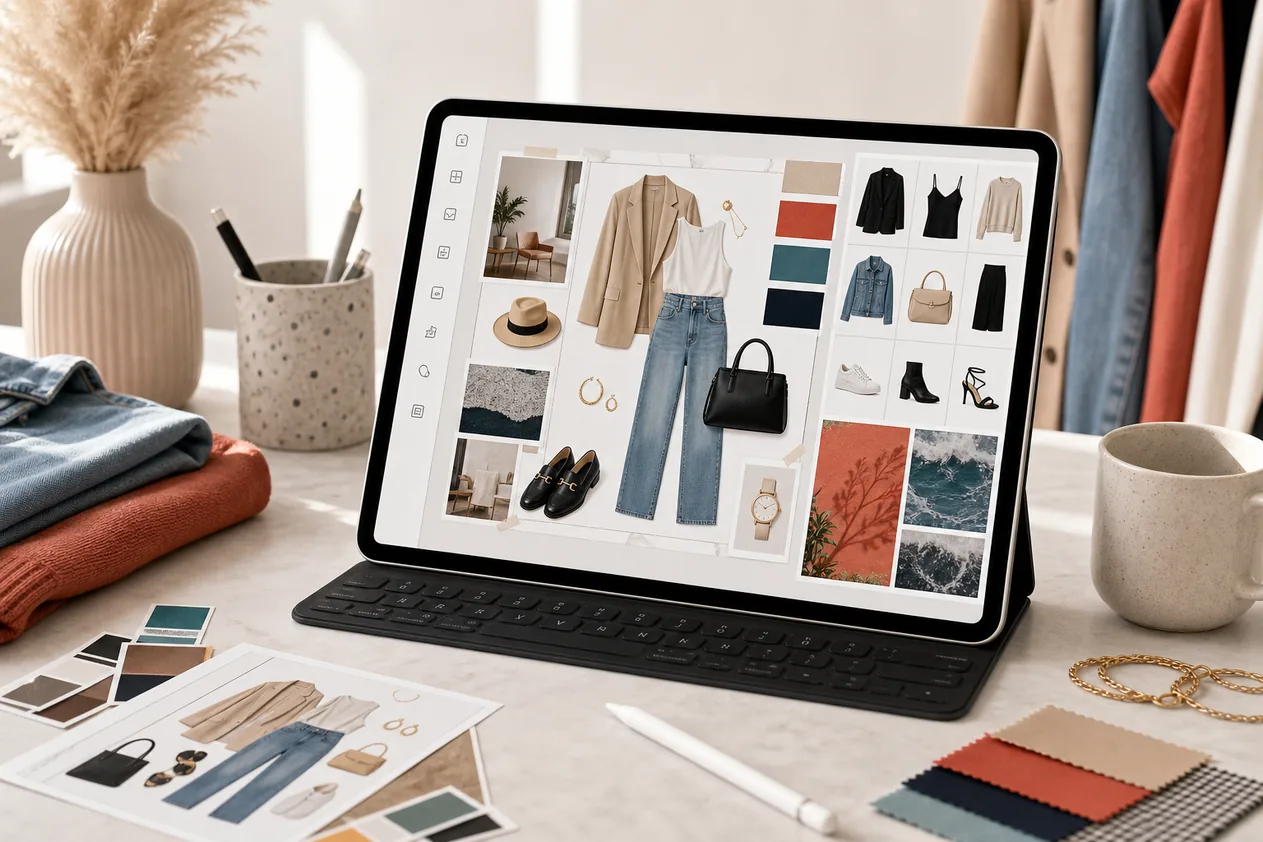 Tablet showing a Polyvore-style outfit maker canvas with clothes, accessories, and color swatches
