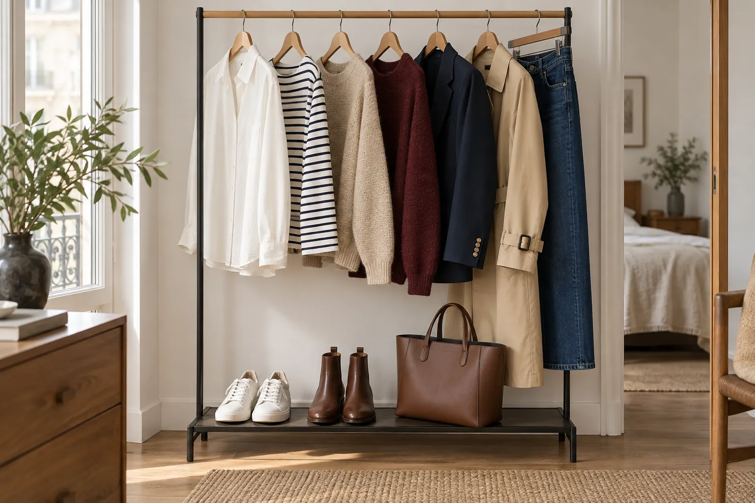 Perchero compacto con camisas neutras, prendas de punto, americana azul marino, gabardina y calzado
