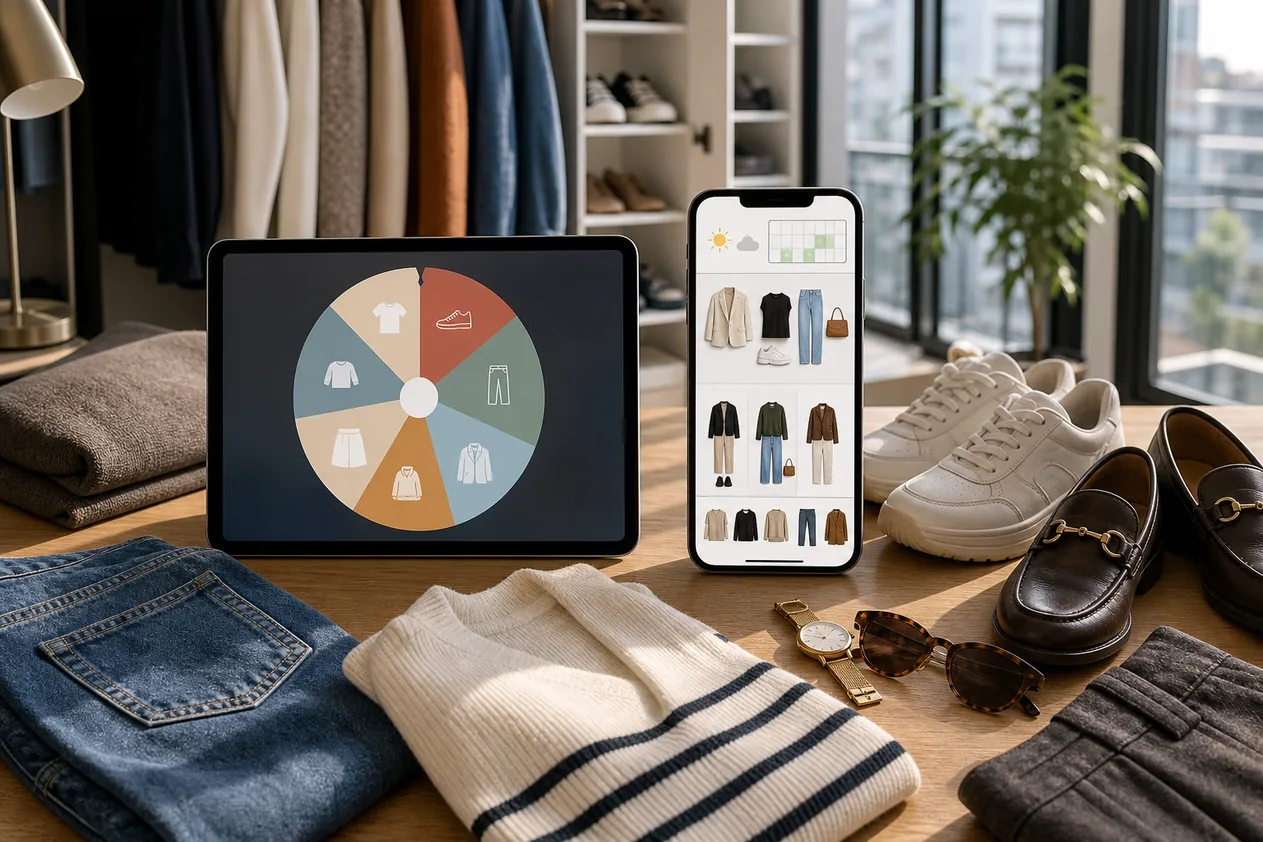 Tablet with a random outfit wheel beside a phone showing wardrobe-aware outfit planning