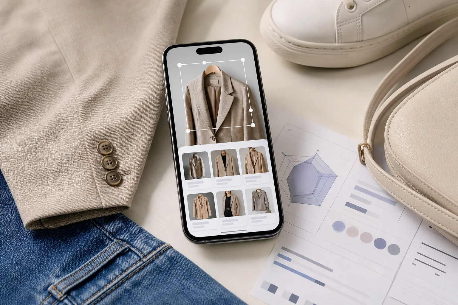 Telefono mostrando resultados de busqueda visual de moda junto a ropa y tarjetas de benchmark