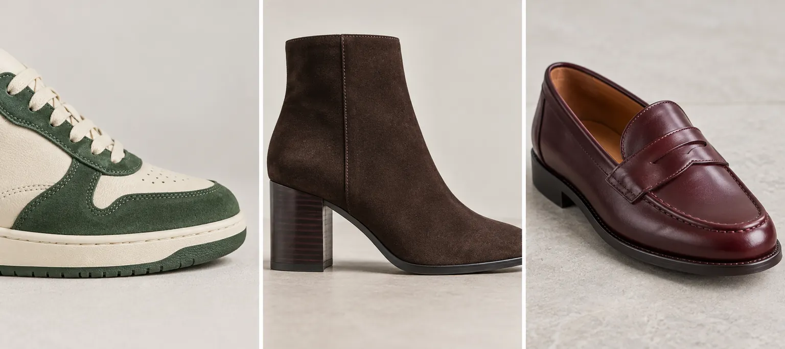 Nahaufnahmen von Sneaker-Einsätzen, Absatz und Sohle eines Stiefels sowie Nähten eines Loafers