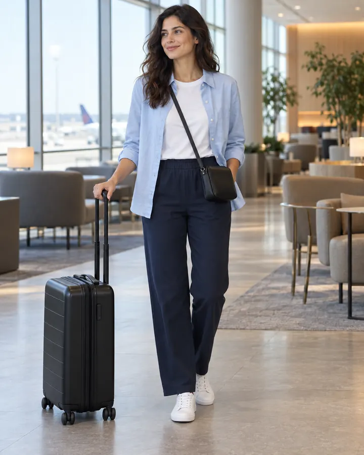 Kvinna i marinblå raka byxor, vit t-shirt, öppen blå skjorta och vita sneakers på flygplatsen