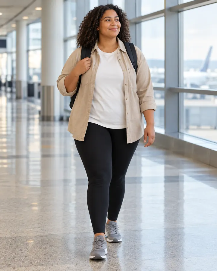 Kvinna i svarta leggings, lång cremefärgad t-shirt, beige skjortjacka och grå promenadskor