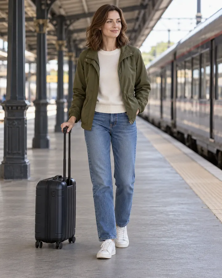 Kvinna i raka blå jeans, tunn cremefärgad tröja, olivgrön jacka och vita sneakers vid en station
